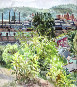 Image is of a painting entitled "Pittsburgh Steel" by artist William Hoffman Jr. It is a view of the former J&L Steelworks that once lined the Parkway East